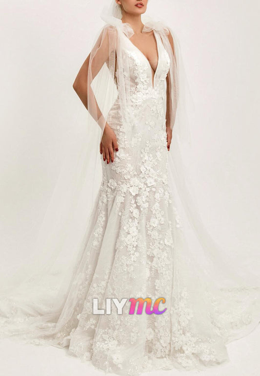 3D Floral Lace Mermaid Wedding Dress with Shoulder Bows