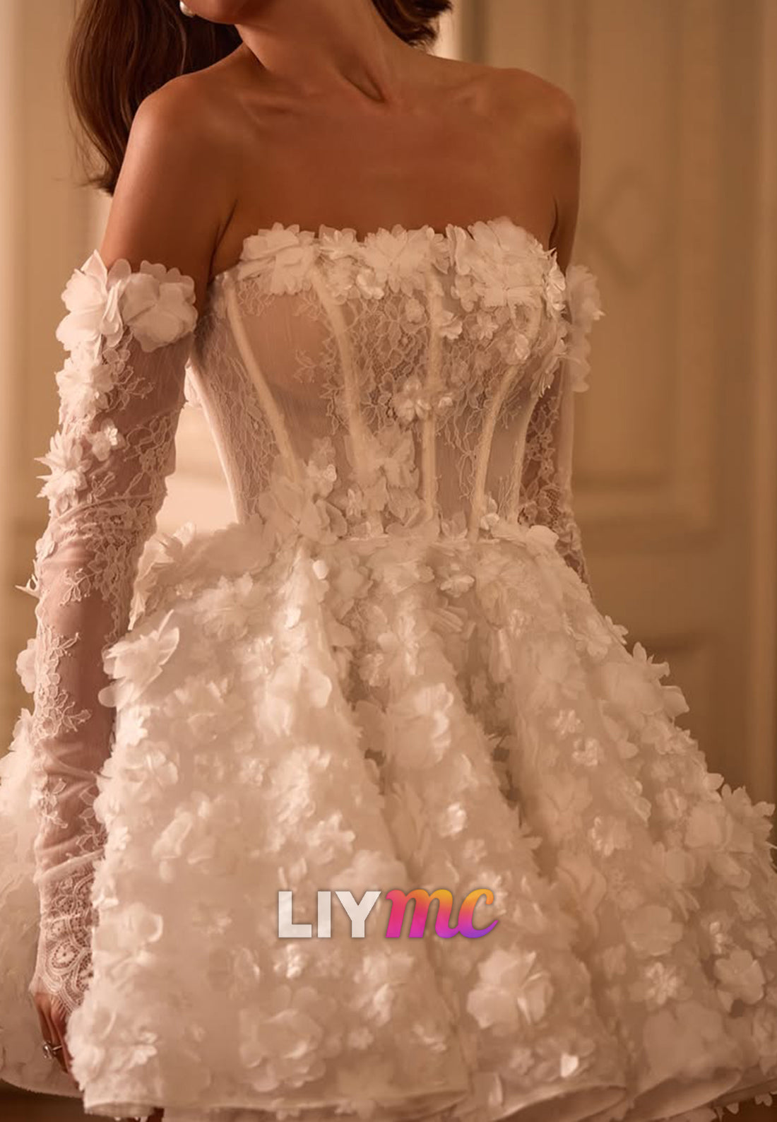 3D Floral Corset Mini Dress with Illusion Sleeves