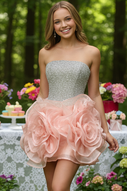 Strapless Beaded Bodice Mini Dress with 3D Floral Skirt