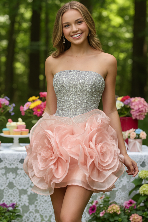 Strapless Beaded Bodice Mini Dress with 3D Floral Skirt