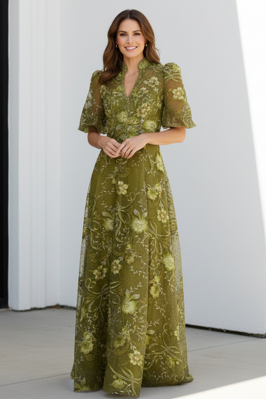 Embroidered Floral Illusion Sleeve Evening Gown