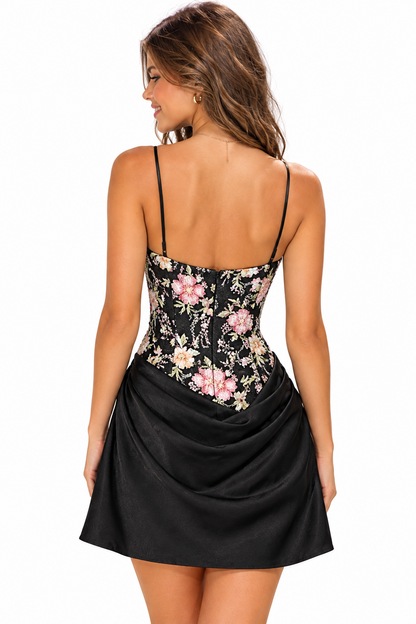 Floral Sequin Corset Satin Mini Dress