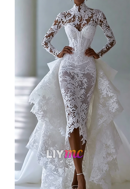 High-Neck Lace Midi Dress with Tiered Train