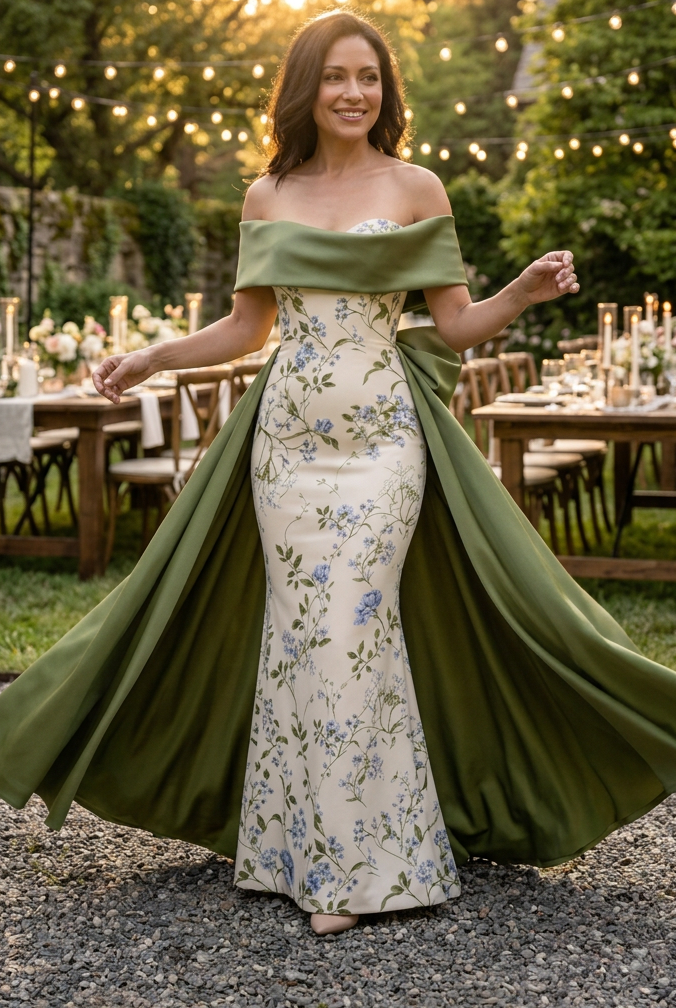 Floral Column Gown with Draped Overskirt Train