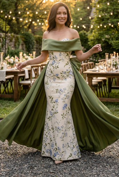 Floral Column Gown with Draped Overskirt Train
