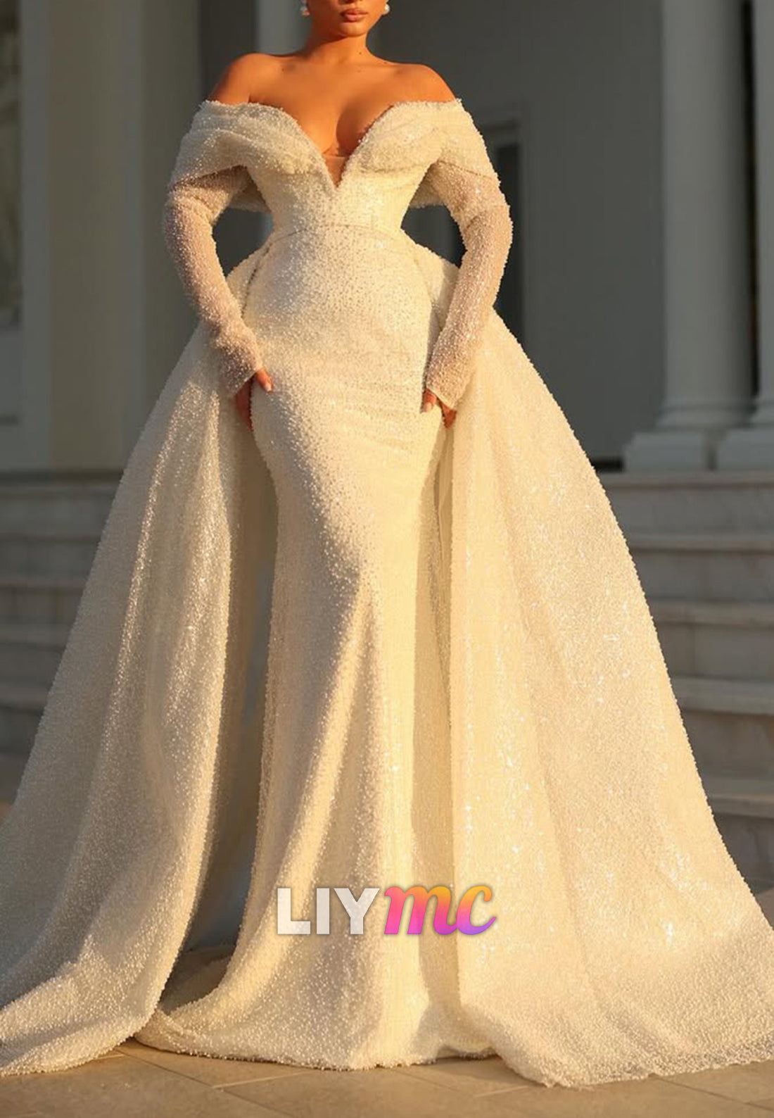 Off-Shoulder Beaded Mermaid Gown with Sweeping Overskirt
