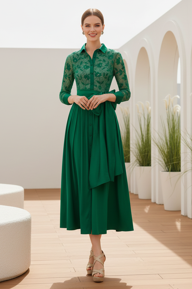 Lace Bodice Midi Shirt Dress with Bow