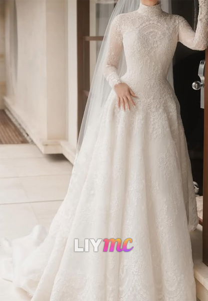 High Neck Long Sleeve Lace A-Line Wedding Dress