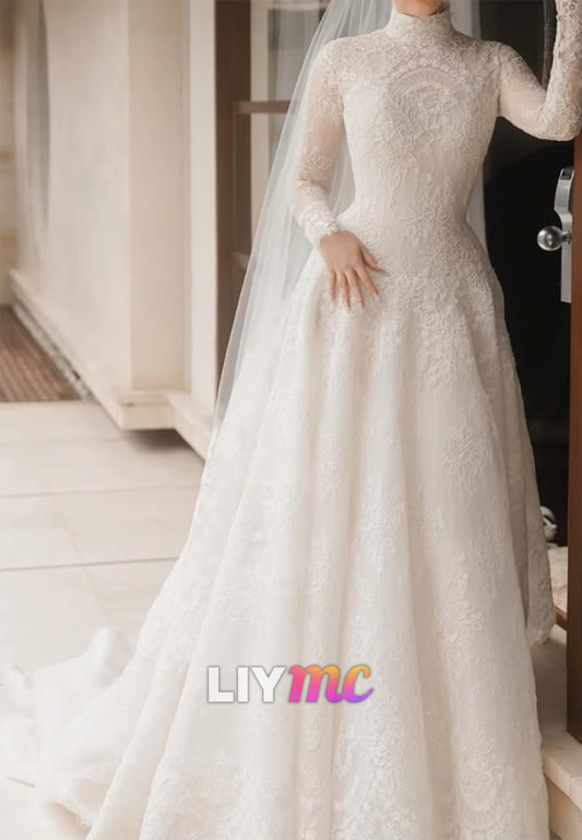 High Neck Long Sleeve Lace A-Line Wedding Dress
