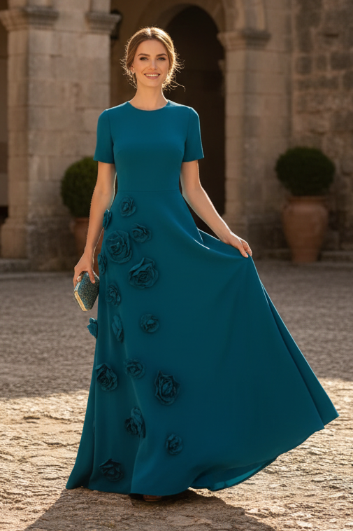 Floral Applique A-Line Evening Gown with Short Sleeves