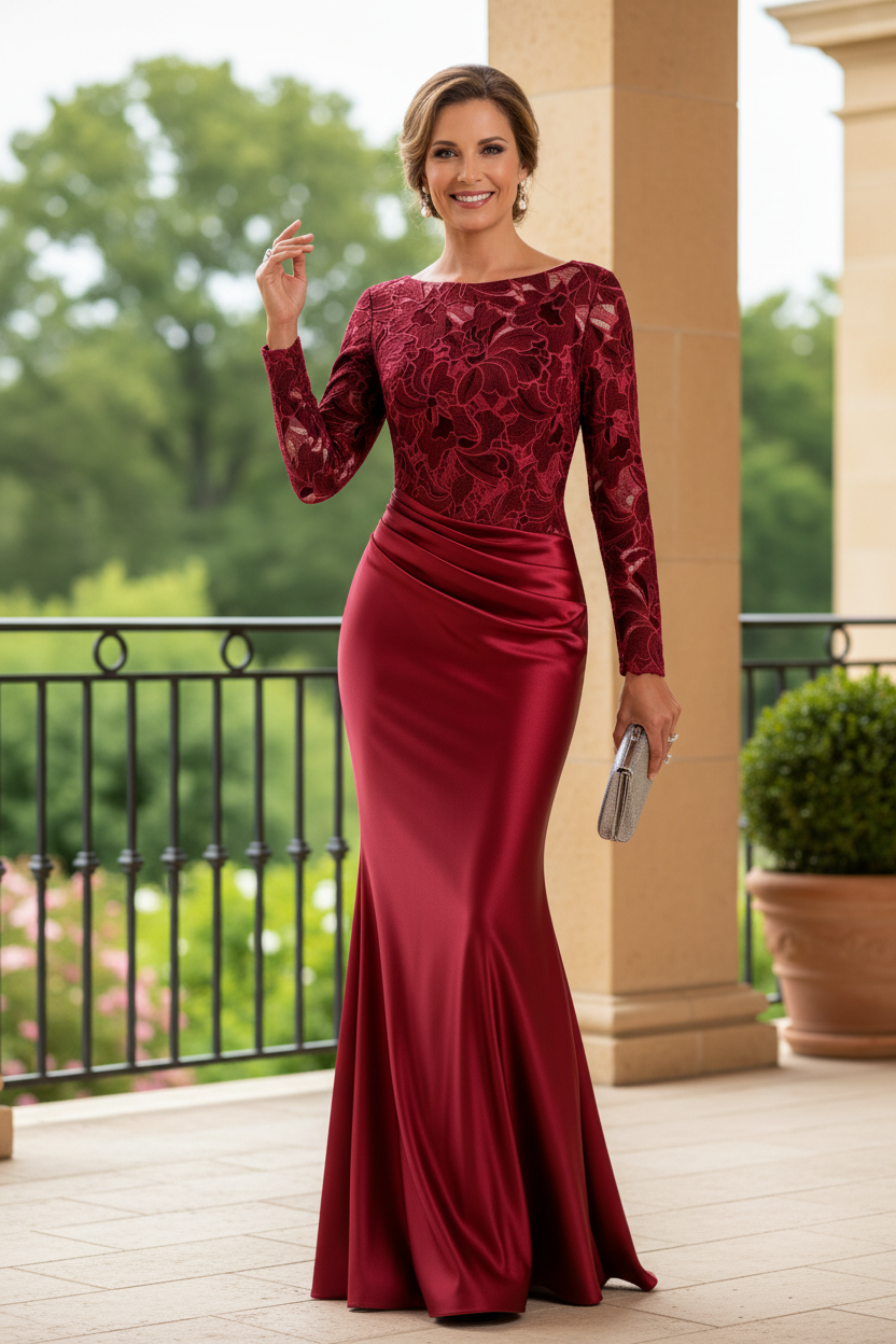Lace Bodice Long Sleeve Satin Evening Dress