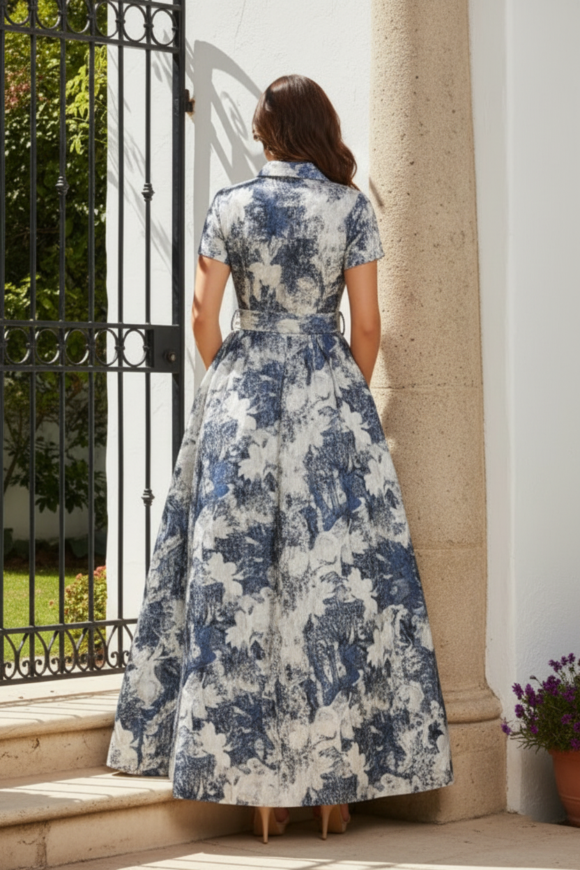 Jacquard Floral Maxi Dress with Belt and Pockets