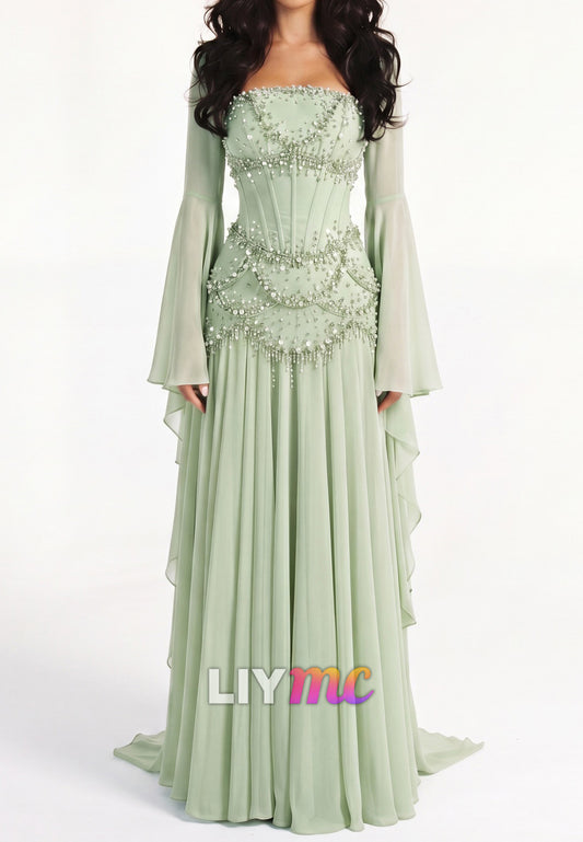 Beaded Corset A-Line Gown with Bell Sleeves