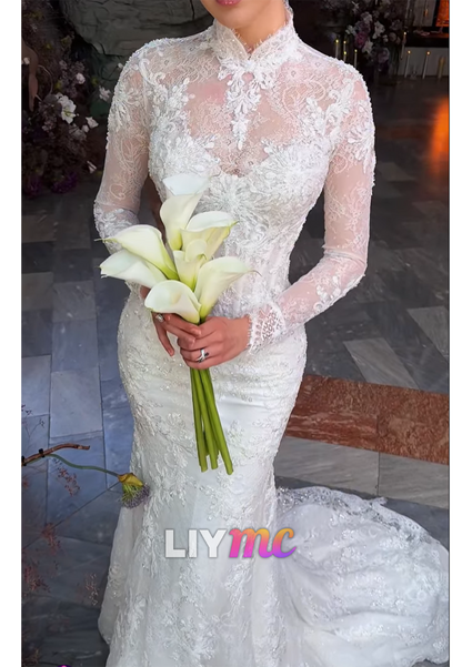 High Neck Lace Mermaid Wedding Dress with Long Sleeves