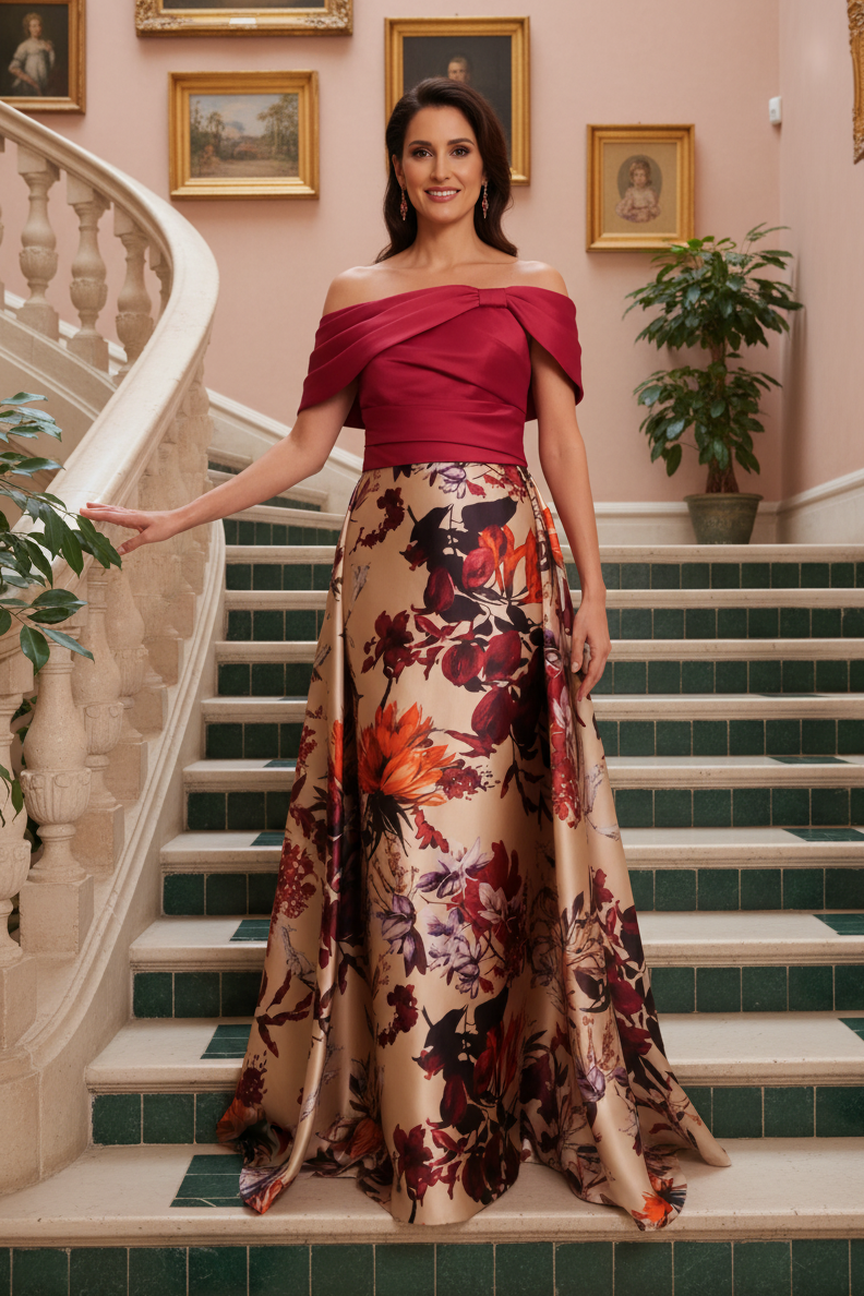 Off-the-Shoulder Floral Print Evening Gown