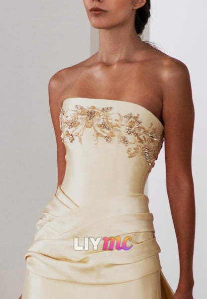 Strapless Beaded Embroidered Ruched Evening Gown
