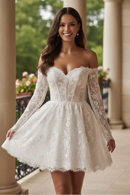 Off-the-Shoulder Lace Mini Dress with Long Sleeves