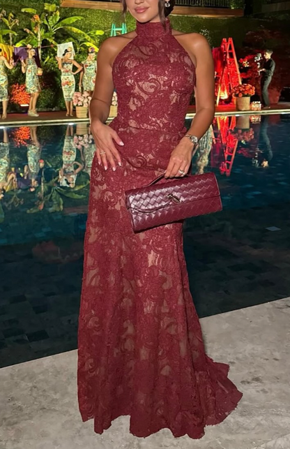 Halter High-Neck Lace Evening Gown