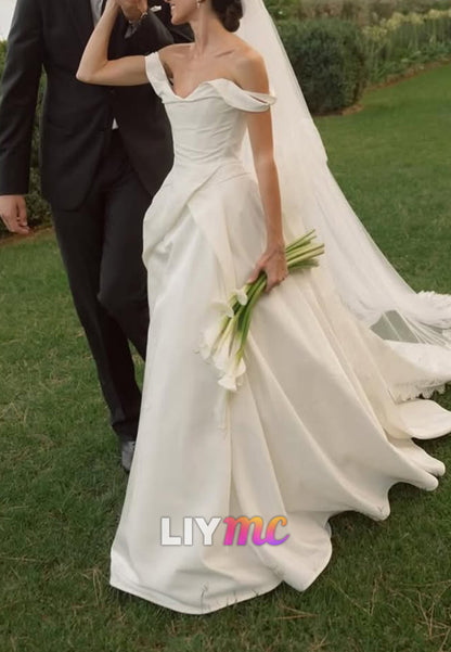 Off-the-Shoulder Draped A-Line Wedding Dress