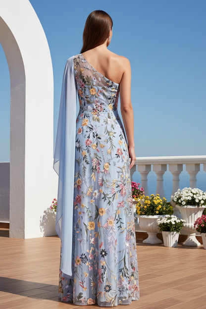 One-Shoulder Floral Embroidered A-Line Evening Gown