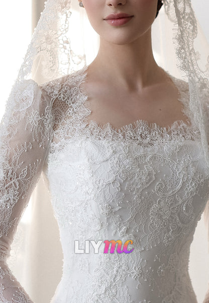 Long Sleeve Lace Wedding Dress with Detachable Train