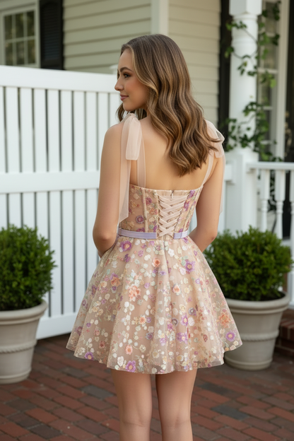 Floral Embroidered Corset A-Line Homecoming Mini Dress