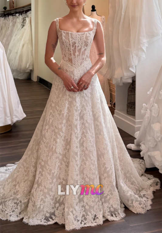 Square Neck Lace A-line Wedding Dress with Train