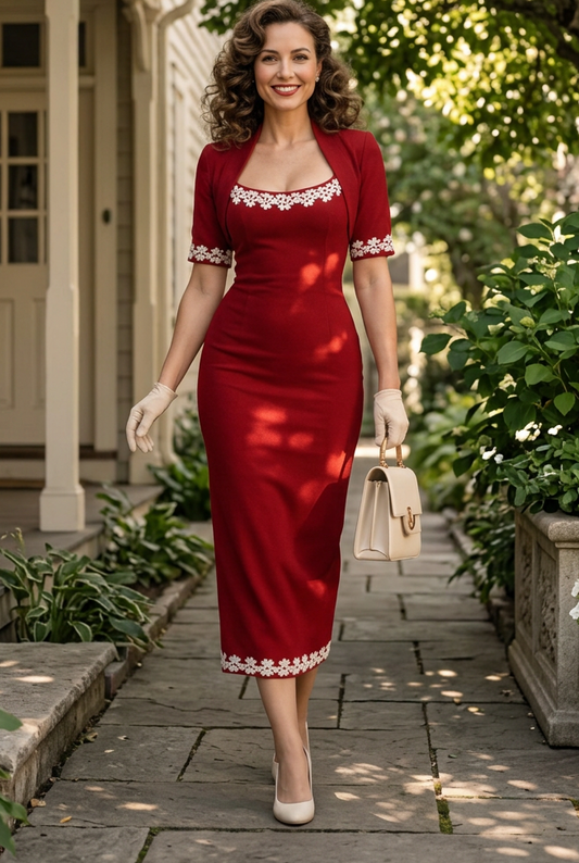 Floral Applique Bolero Dress Set with Scoop Neck