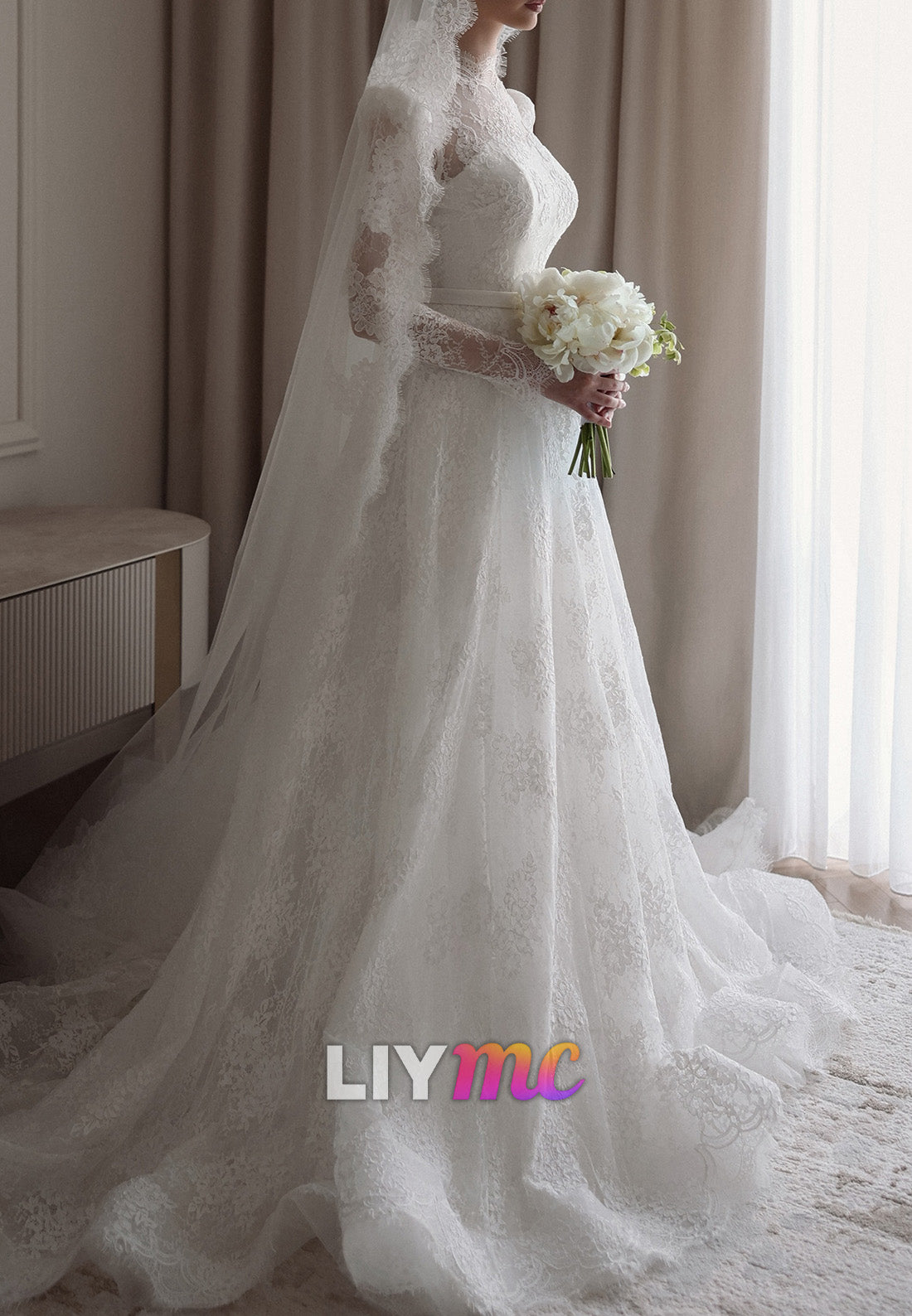 High Neck Lace A-Line Wedding Dress with Long Sleeves