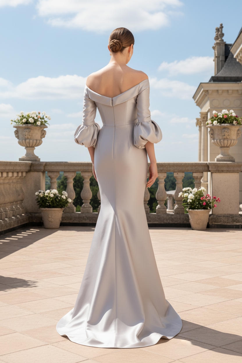 Off-the-Shoulder Mermaid Gown with Bubble Sleeves