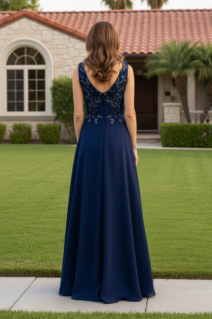 Floral Applique Bateau Neck Satin Evening Gown