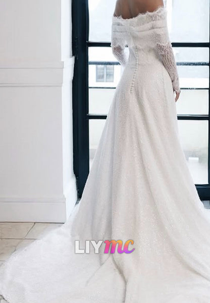 Off-the-Shoulder Long Sleeve Lace Wedding Dress