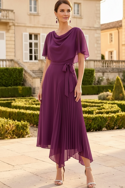 Asymmetrical Pleated Midi Dress with Capelet Bodice