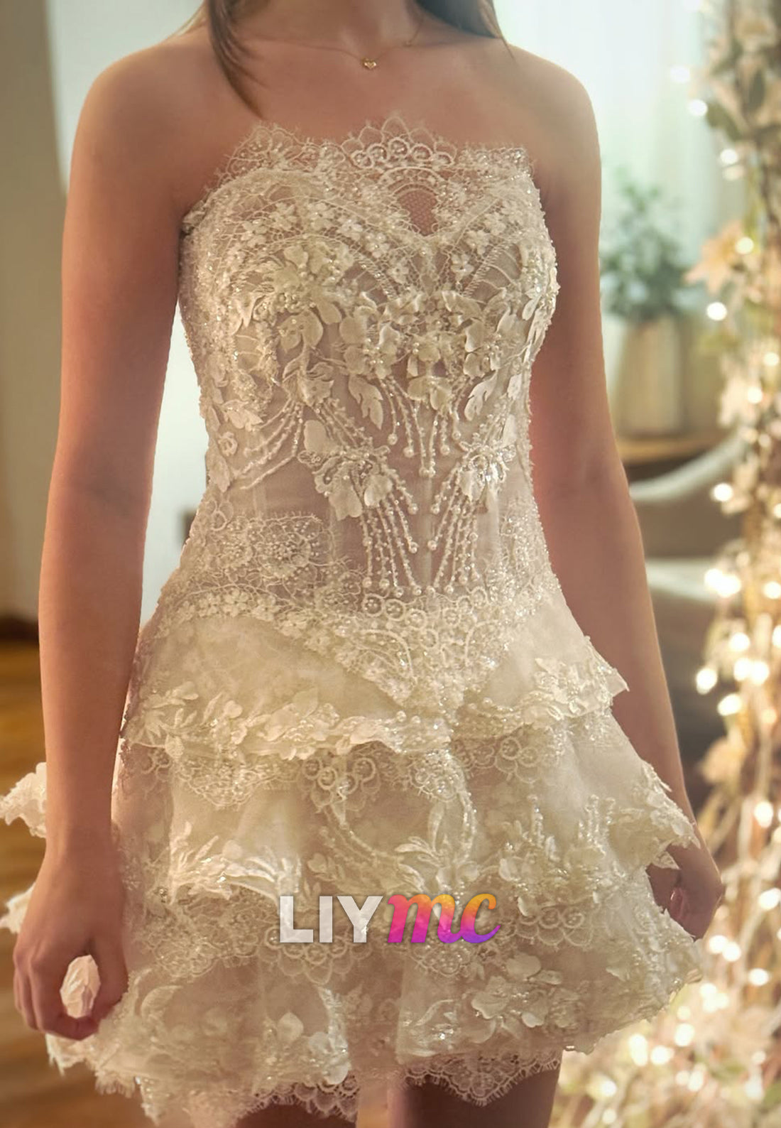 Lace Tiered Corset Mini Dress with Appliques