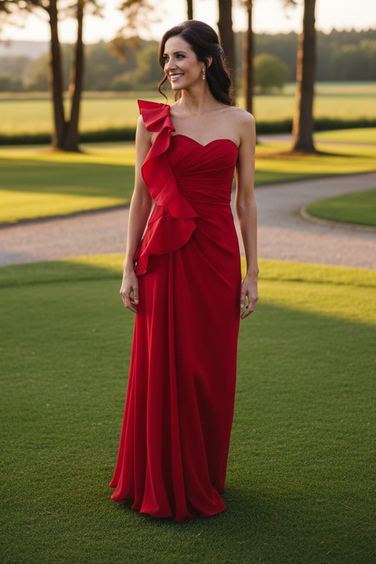 One-Shoulder Ruffle Chiffon Evening Gown