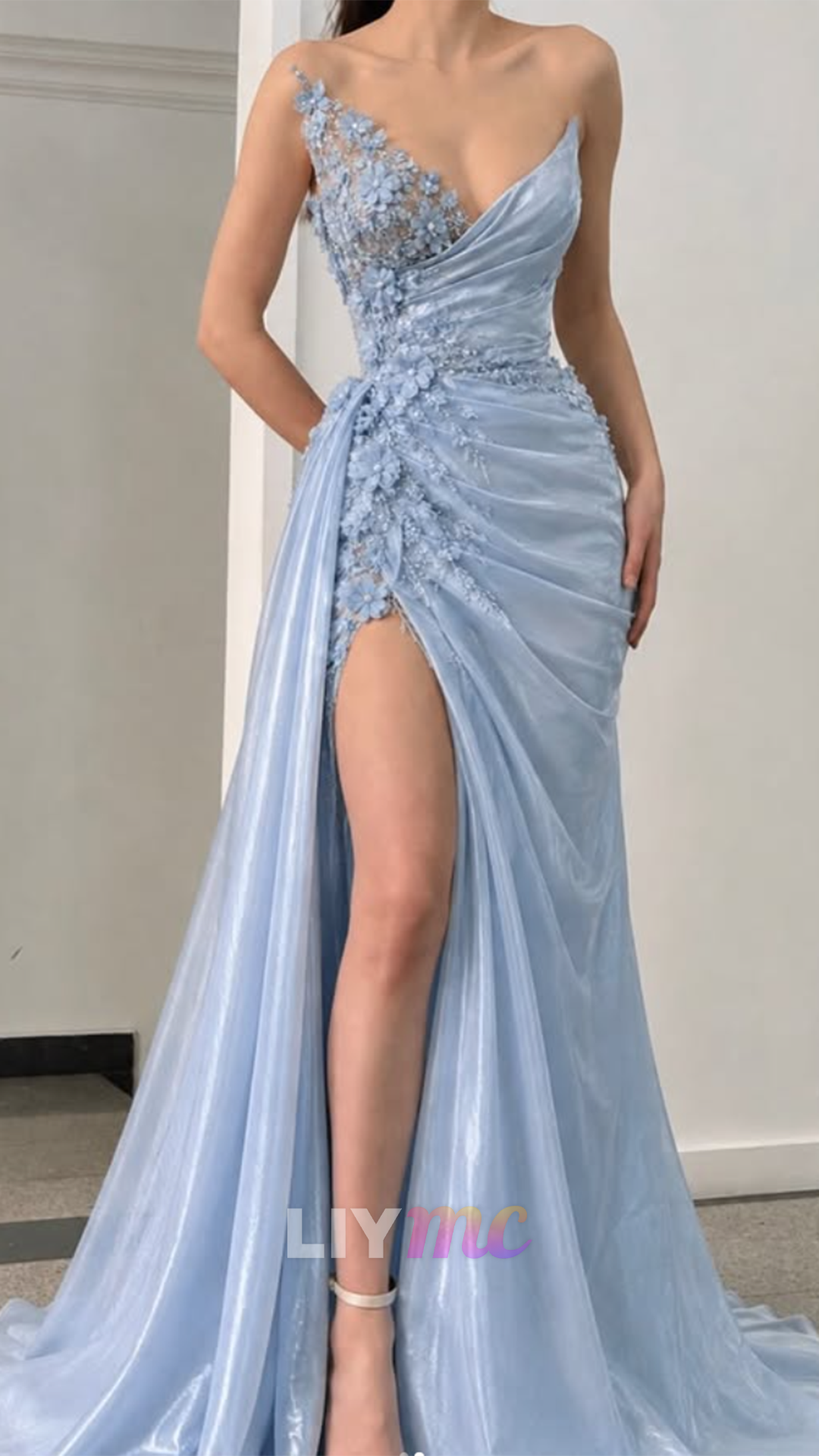 Floral Applique Asymmetrical Slit Evening Gown