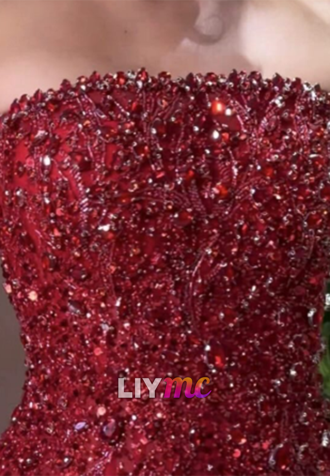 Strapless Beaded Bodice Fringe Column Gown