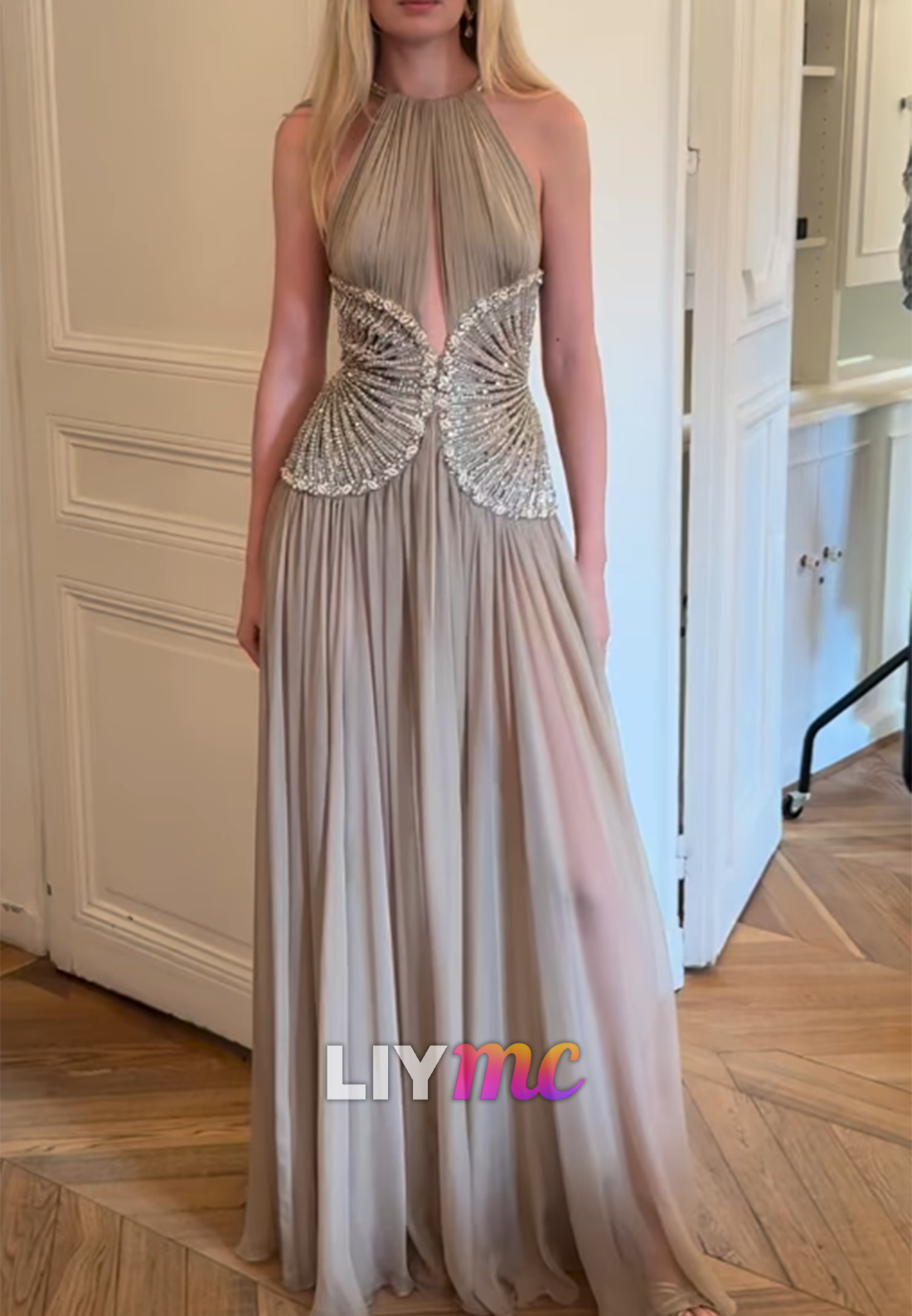 Pleated Halter Gown with Beaded Waist Detail