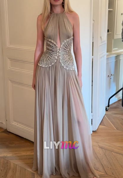 Pleated Halter Gown with Beaded Waist Detail