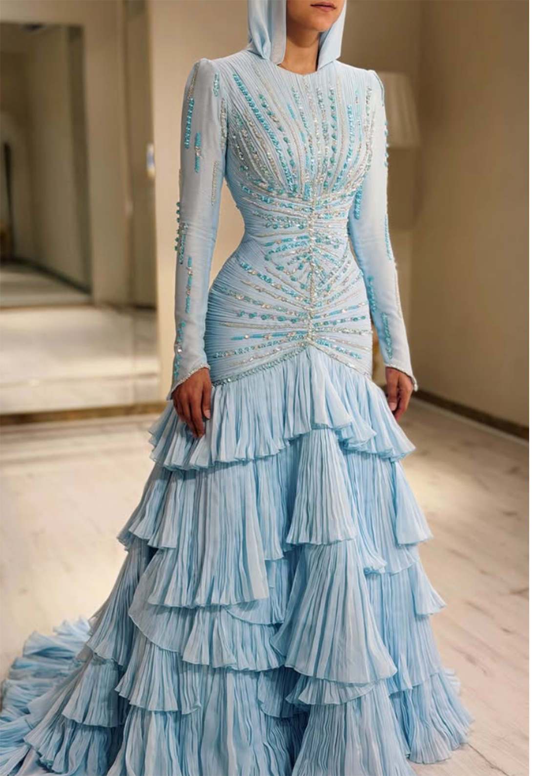 Long-Sleeve Hooded Gown with Beaded Bodice & Tiered Skirt