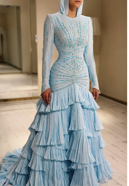 Long-Sleeve Hooded Gown with Beaded Bodice & Tiered Skirt