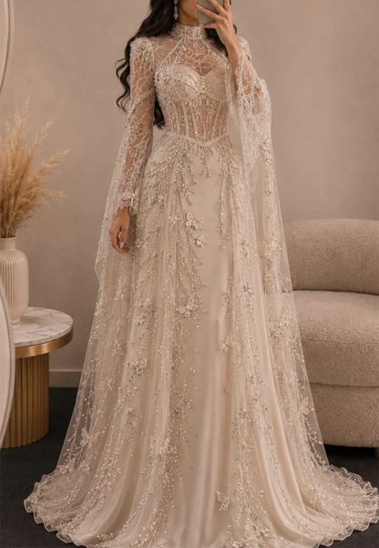 Illusion High Neck Wedding Gown with Cape Sleeves