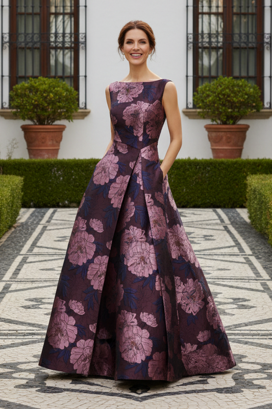 Floral Jacquard Sleeveless A-Line Evening Gown