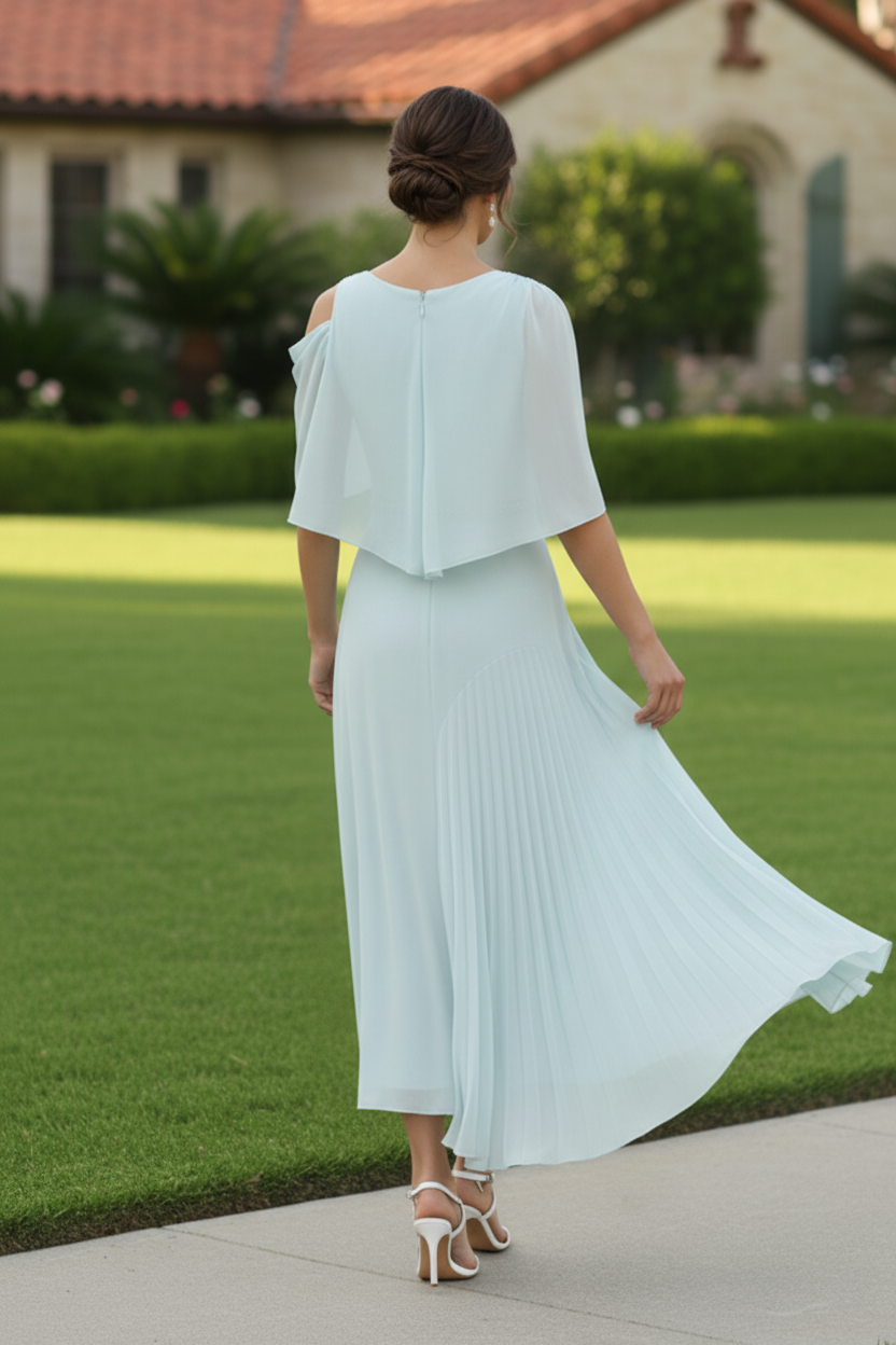 Asymmetrical Pleated Chiffon Midi Dress with Cape
