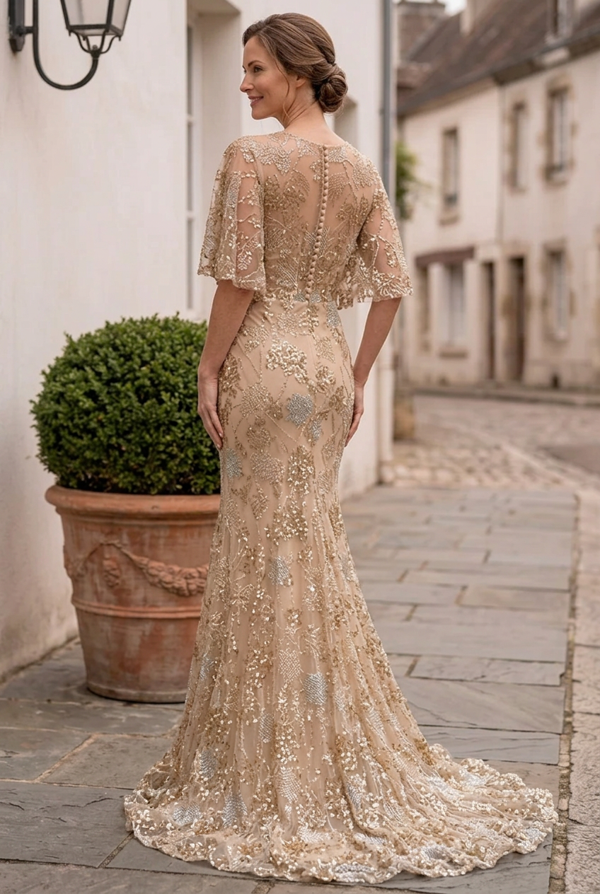 Embellished Mermaid Gown with Cape Sleeves
