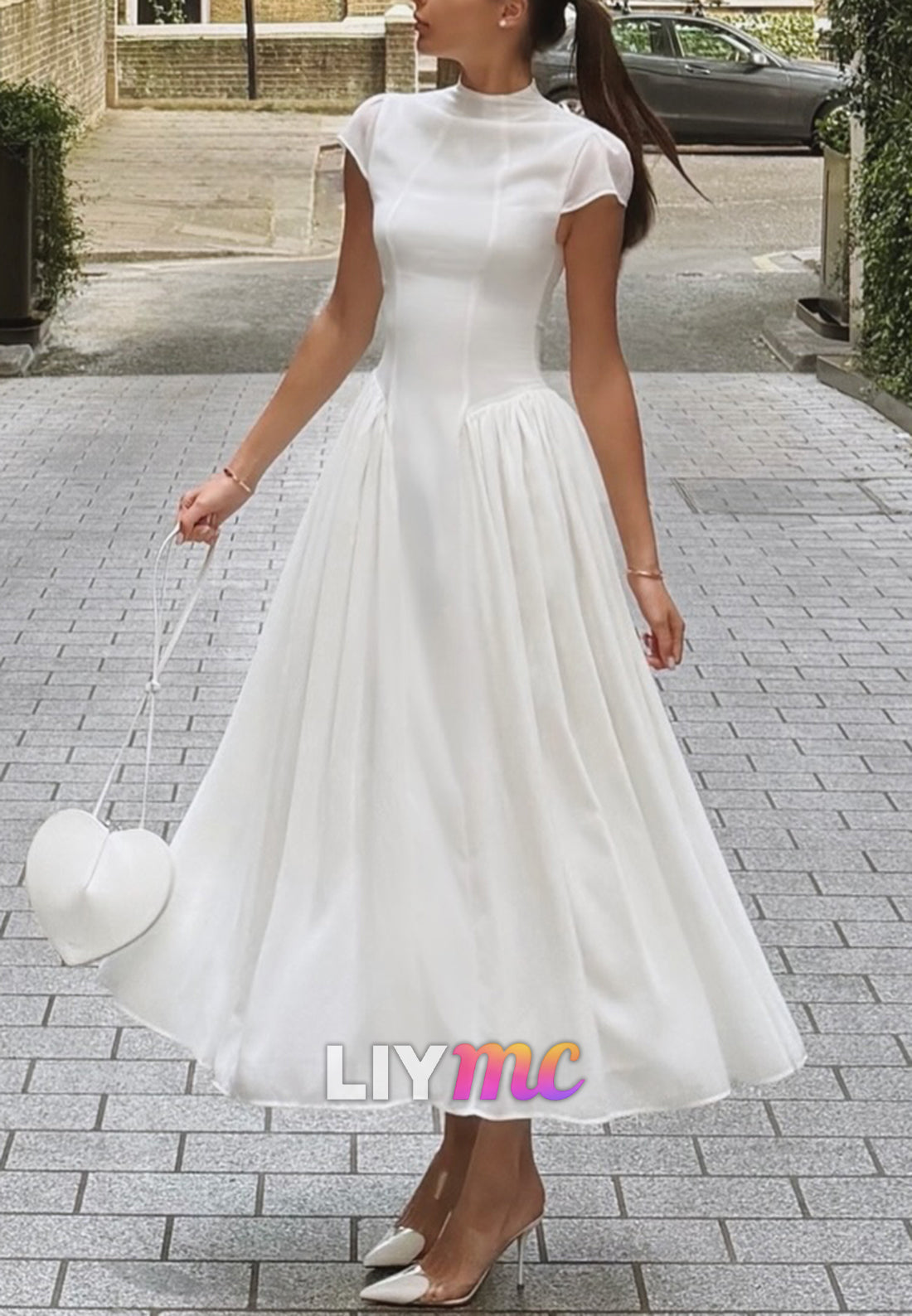 High Neck Cap Sleeve Pleated A-Line Midi Dress