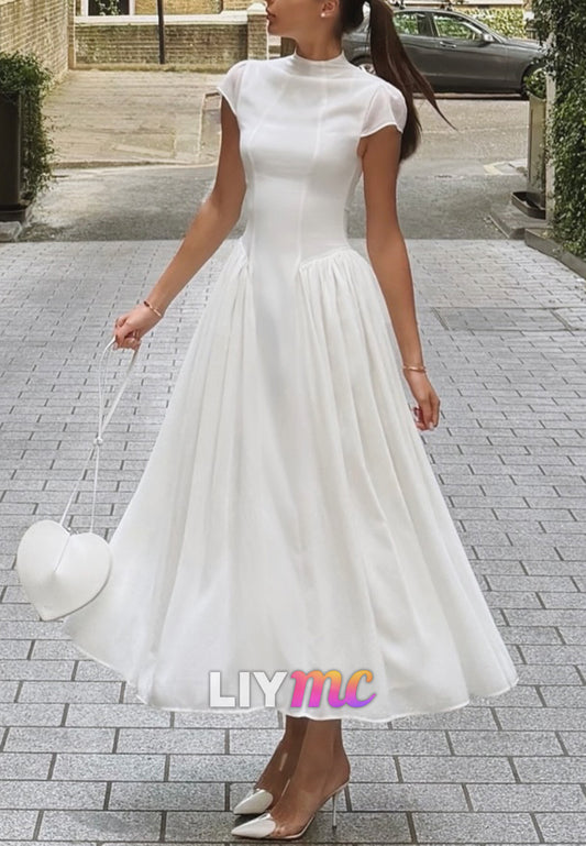 High Neck Cap Sleeve Pleated A-Line Midi Dress