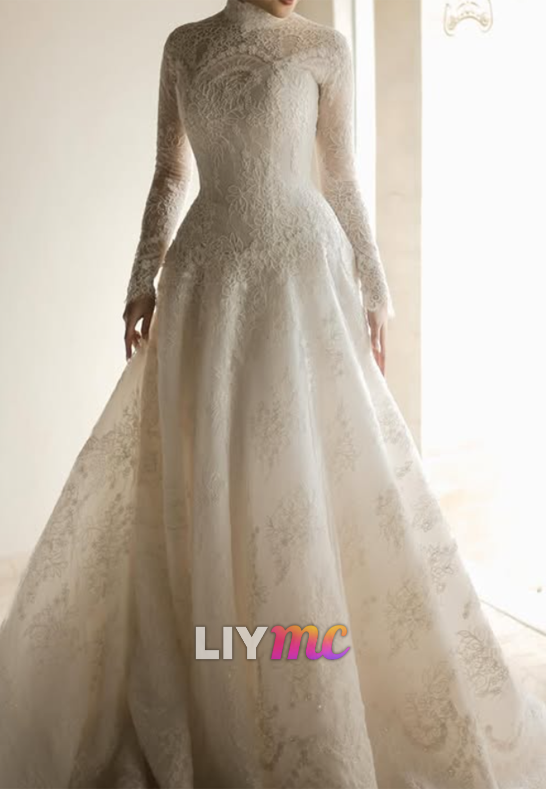 High Neck Long Sleeve Lace A-Line Wedding Dress