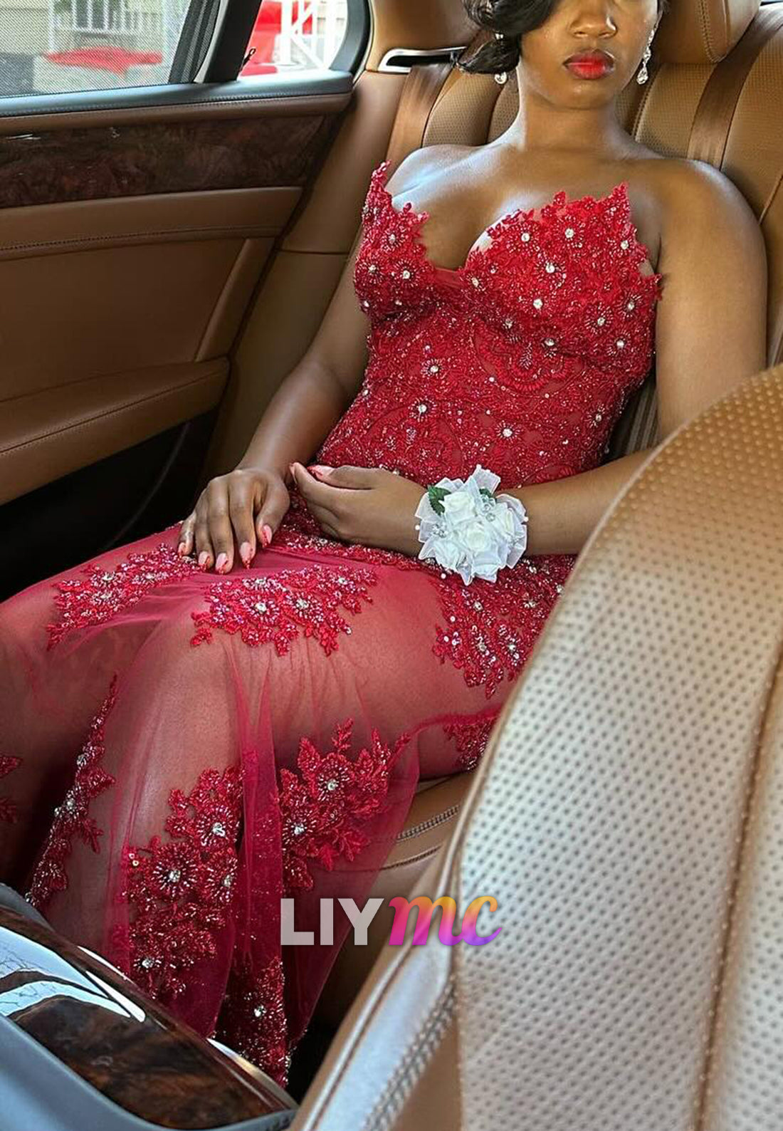 Sheer Lace Applique Beaded Mermaid Gown