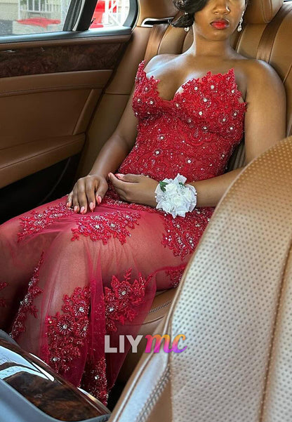 Sheer Lace Applique Beaded Mermaid Gown